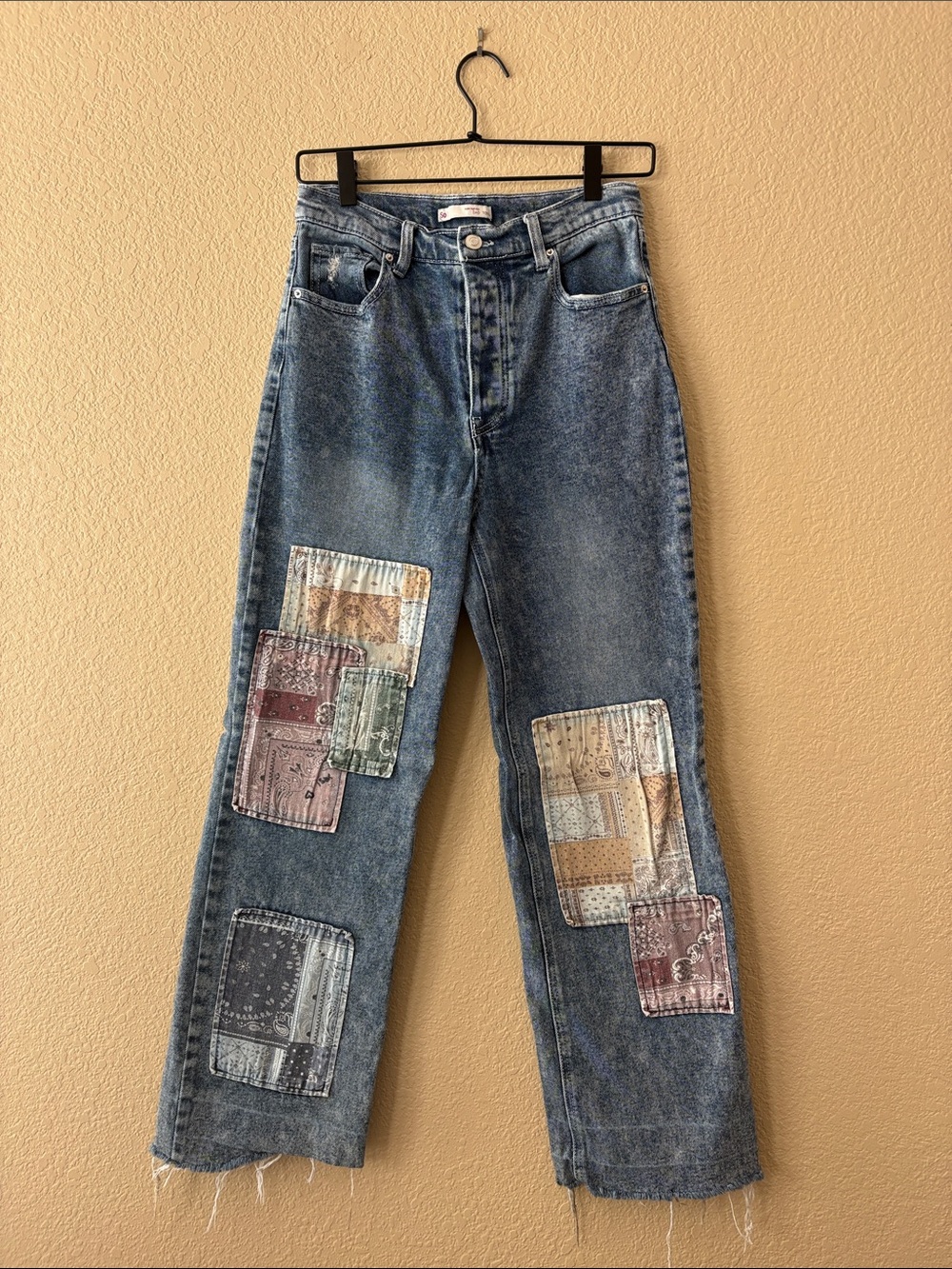 SO Patchwork Straight Leg Jeans - Blue Denim with Multi-Color Patches